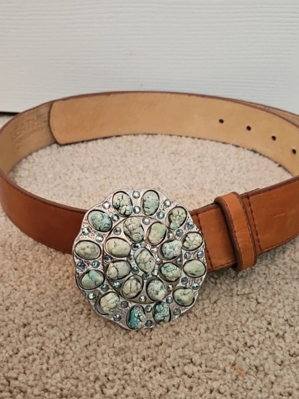 Leatherock Tan Leather Belt with Turquoise-Style Cluster Buckle
